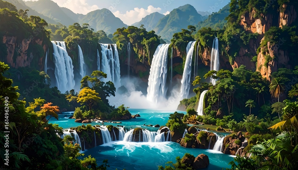 Fototapeta premium Lush, vibrant jungle scene with cascading waterfalls and turquoise pools