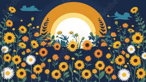 Enchanted sunflower and daisy field under a magical night sky