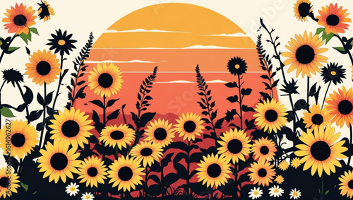 Vibrant sunflower field against a retro sunset