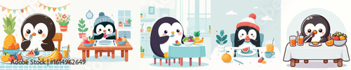 vector collection of cute penguins eating fruit