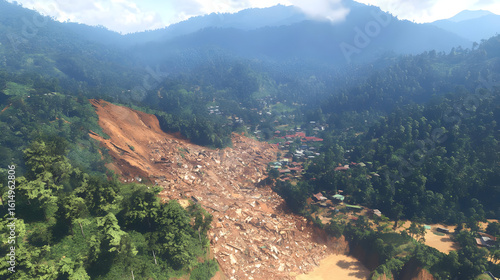Massive landslide, debris flow, devastating impact on valley.  Dense forest,  damaged settlement,  mountains,  destructive event