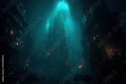 Wallpaper Mural Deep-sea underwater city glows, buildings stretch up towards filtered light from above Torontodigital.ca