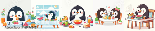 vector collection of cute penguins eating fruit