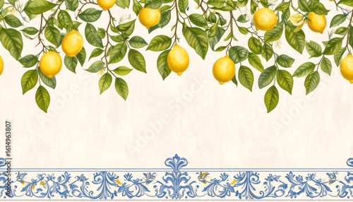 Lemon tree branches laden with fruit over ornate border