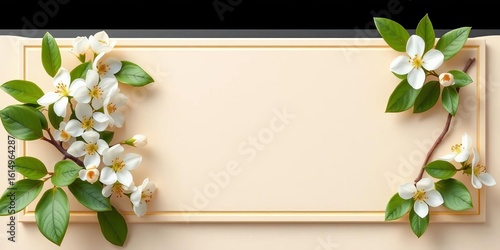 Elegant beige card adorned with delicate white blossoms and lush green leaves, craft, pretty