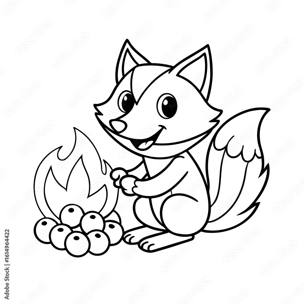 Obraz premium Cheerful Fox Roasting Marshmallows Coloring Page