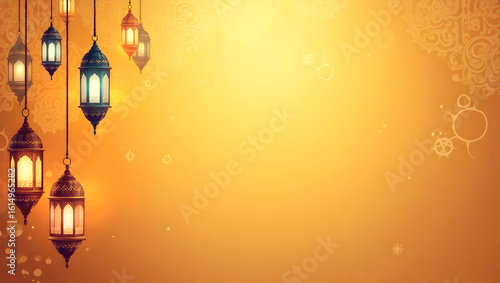 islamic background eid milad un nabi yellow background with left side lamps hanging right side empty area