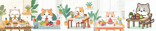 collection of cute cat vectors eating fruit