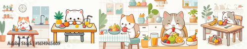 collection of cute cat vectors eating fruit