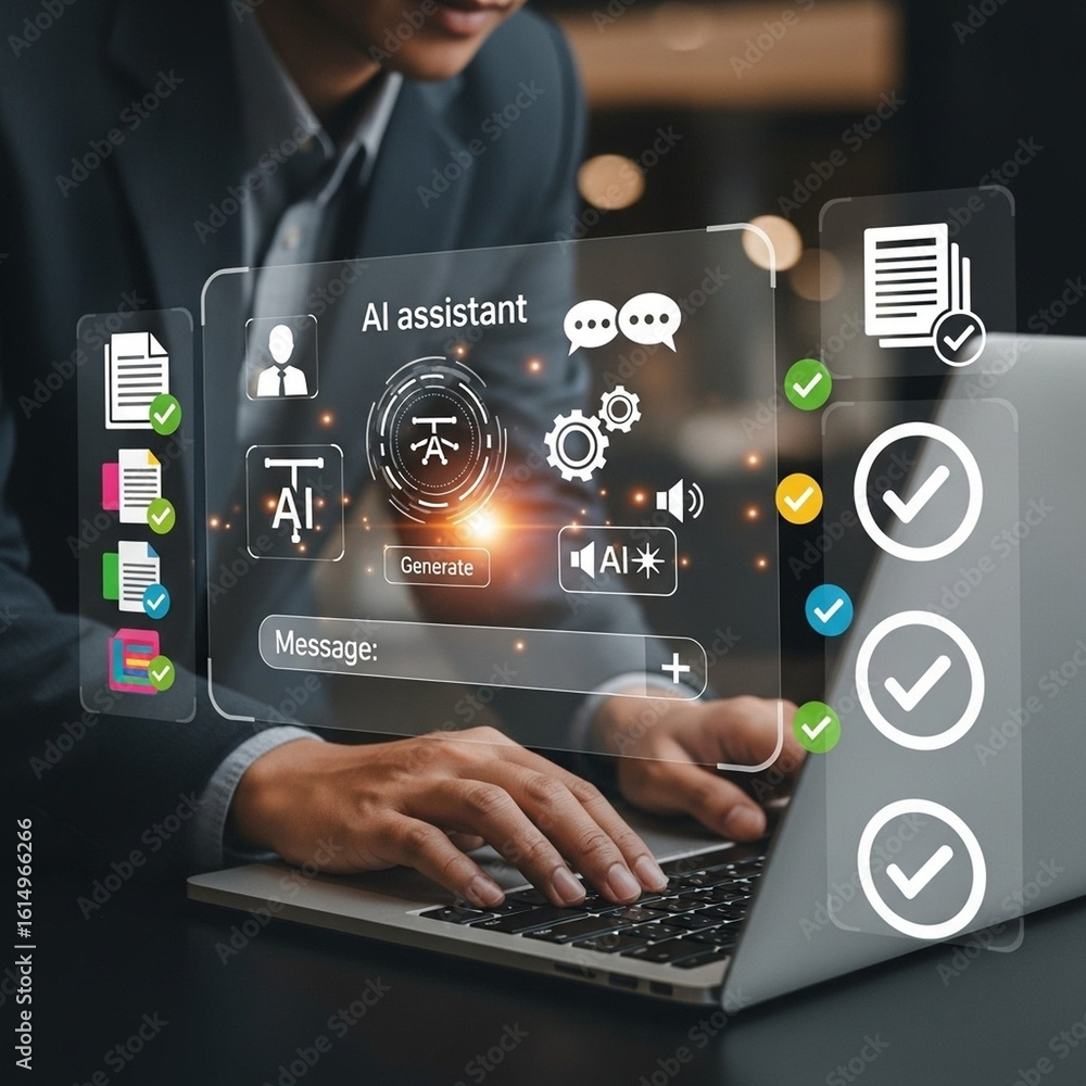 Naklejka premium Smart Document Approval Using AI Assistant on Laptop in Office Setup