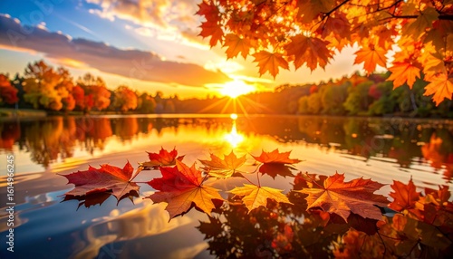 秋の夕焼けと水面に浮かぶ紅葉Generated image