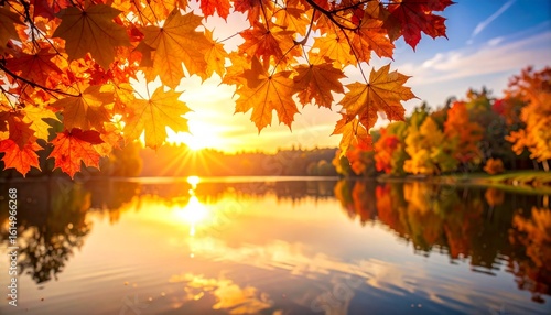鏡のような水面に映る鮮やかな秋の森Generated image