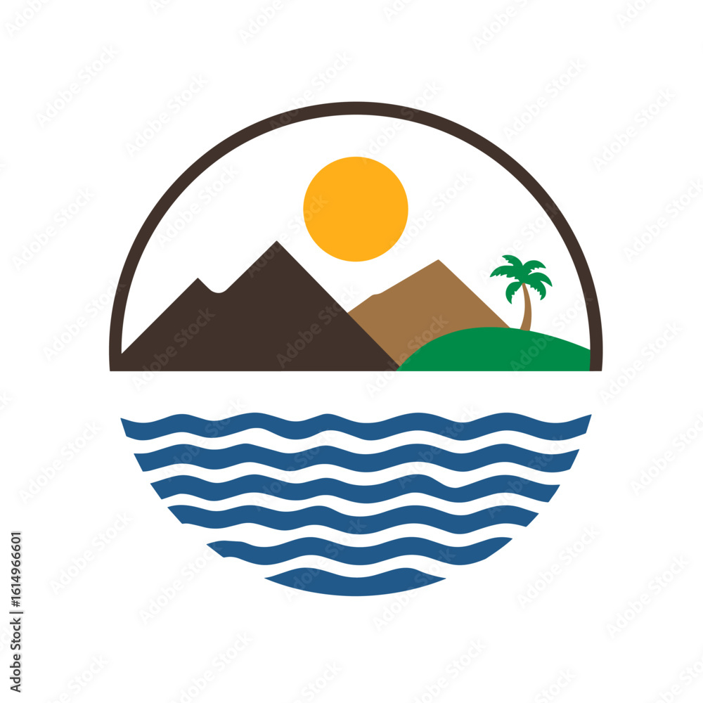 Fototapeta premium Minimal vector of Cape Verde with sea, sun, mountain and palm island. Ideal for travel logos and icons