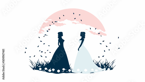 Two women in gowns standing under a pink sun with falling leaves in a serene and minimalist landscape