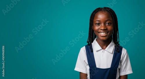 Confident smiling schoolgirl in uniform against vibrant teal background ready for education success
