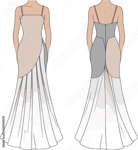 cad drawing, flat vector illustration, fashion sketch, elegant evening gown, stylish dress, front view, back view, formal wear, thin straps,