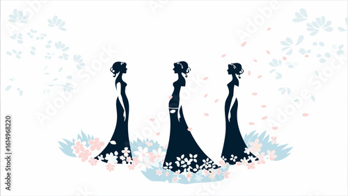 Three elegant women in black gowns stand amidst falling petals and blossoming branches in a serene scene