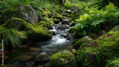 Serene Forest Stream Flowing Over Mossy Rocks Surrounded by Green Foliage