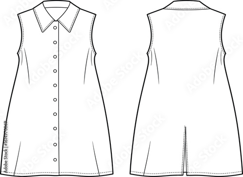 Sleeveless shirt dress technical drawing, front and back view, fashion template, vector sketch, sewing pattern, apparel design layout