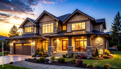 Luxurious two-story home at twilight, showcasing stone, wood, and landscaping