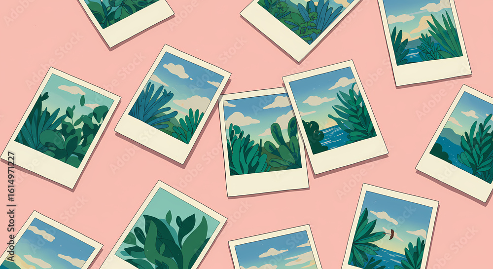Fototapeta premium Scattered Polaroid photos showcasing lush tropical landscapes, seascapes, and vibrant plant life.