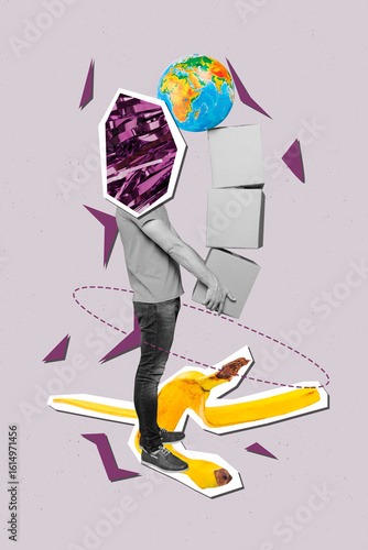 Foto Zine creative vertical photo collage of headless guy instead bag cellophane eart