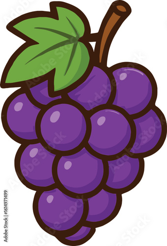 Cartoon Style Purple Grapes with Green Leaf and Brown Stem Illustration
