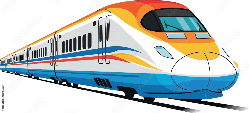Fototapeta premium Dynamic perspective view of a colorful high-speed train illustration, isolated on a clean white background for modern transport concepts.