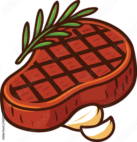 Cartoon Grilled Steak with Rosemary and Garlic Illustration on White Background
