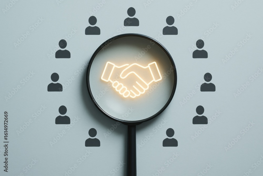 Fototapeta premium Business Partnership Focus: A magnifying glass highlights a handshake icon surrounded by small person figures, symbolizing collaboration and unity.
