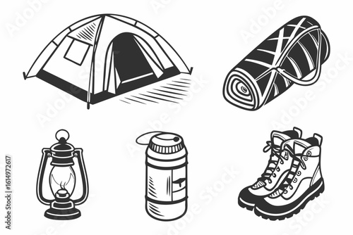 Camping Gear Icons Tent Boots Lantern Water Bottle Sleeping Bag.