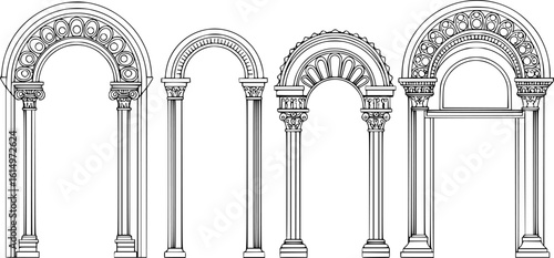 Art Deco arch window and door frames, entrance doorways, and gateways, featuring modern architectural line drawings. Ancient classical architecture with arched doors reminiscent of Medieval temples