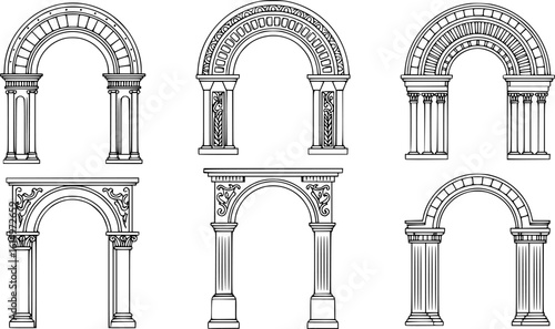 Art Deco arch window and door frames, entrance doorways, and gateways, featuring modern architectural line drawings. Ancient classical architecture with arched doors reminiscent of Medieval temples