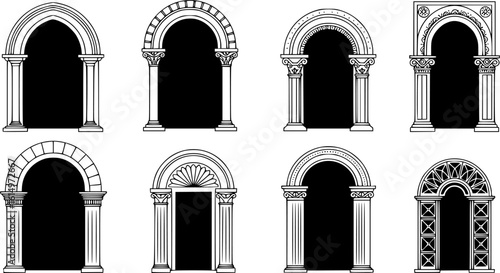 Art Deco arch window and door frames, entrance doorways, and gateways, featuring modern architectural line drawings. Ancient classical architecture with arched doors reminiscent of Medieval temples