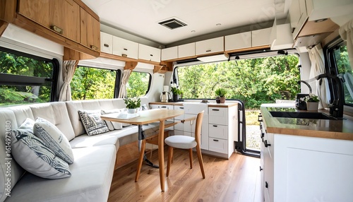Light-filled campervan interior with wood and white cabinets, a dining area, and kitchen