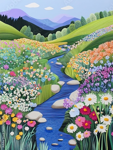 3D layered cut paper design of a gentle stream in a flowery meadow