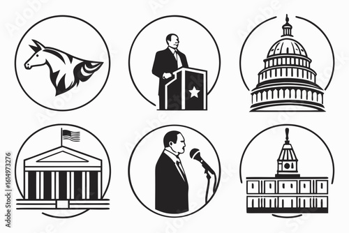 Political Icons Collection Donkey Speaker Capitol Dome White House Orator Government Building.
