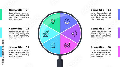 Infographic template. Magnifying glass with 6 icons