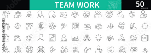 Flat teamwork icon set featuring collaboration, group discussion, leadership, workflow, communication, and team productivity visuals for business use.