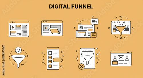 Illustration of digital funnel steps with website and mobile interface icons on a yellow background vreated with genrated ai