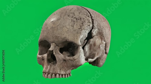 Human skull 360 degree view on green screen. Rotating skull for medical or educational purposes. Anatomy study model isolated for advertising and design.