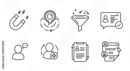 Collection of eight business related icons including magnet, funnel, gear, and user interface elements vreated with genrated ai