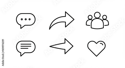 Collection of social media icons including comment share group and heart in a simple outline style vreated with genrated ai