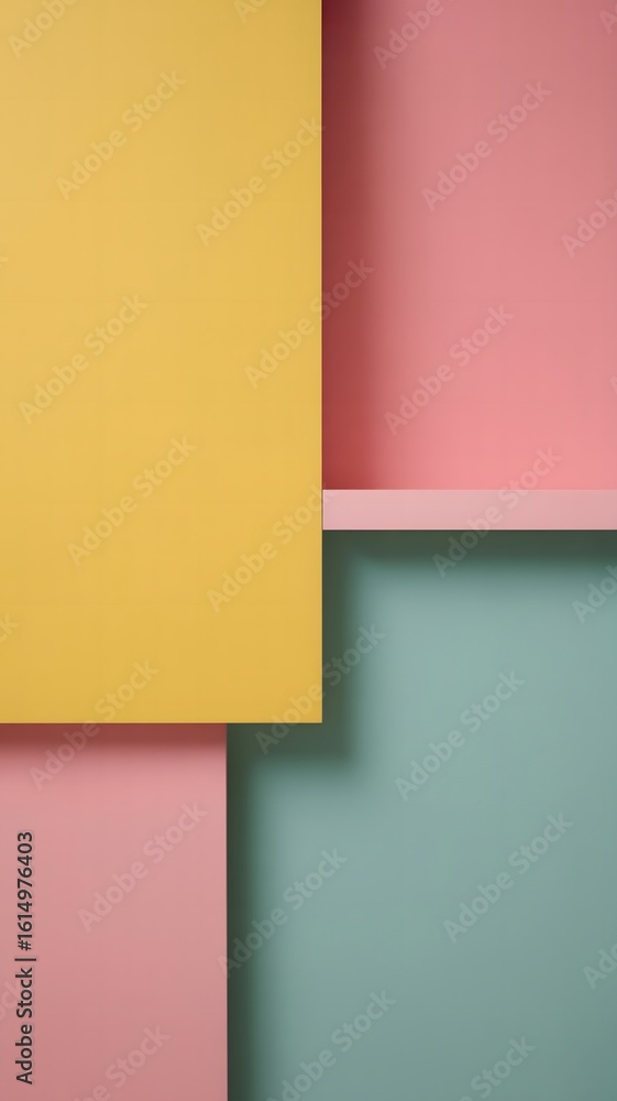 Fototapeta premium Geometric arrangement of pastel yellow pink and teal blocks with shadows abstract background image