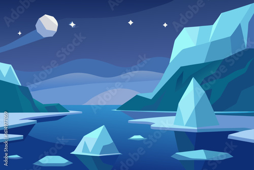 Arctic night landscape with icebergs and a distant moon