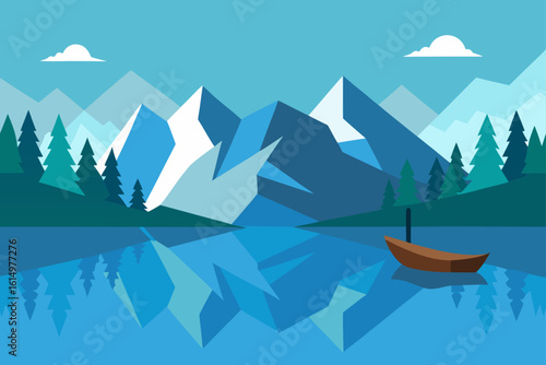 Serene mountain lake with a lone boat and reflections