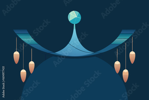 Abstract blue geometric structure with hanging ornaments