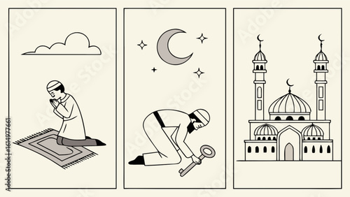 Islamic prayer steps vector illustration of muslim praying in mosque at night and key to success