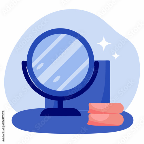 Mirror with wipe on blue background with towels and sparkle effect  