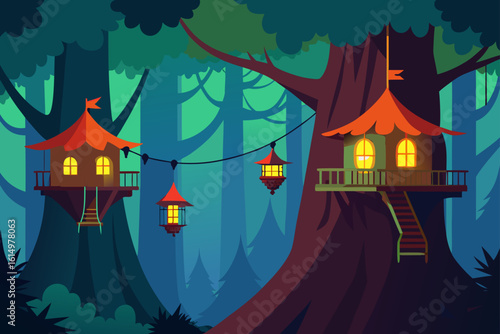 Enchanting treehouses lit by lanterns in a mystical forest